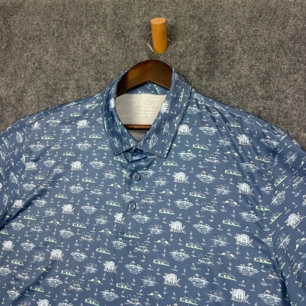 Vineyard Vines Polo Mens XL Blue Performance Tropical Island Print Golf Shirt